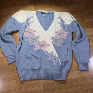 Vintage 80s Dana Scott Pastel Wintry Beaded Sweater Size Large Cottage Grandma